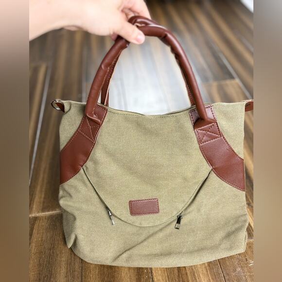 New Large Canvas Brown Tan Green Tote Bag Purse Handbag Crossbody Shoulder bag - Picture 7 of 11